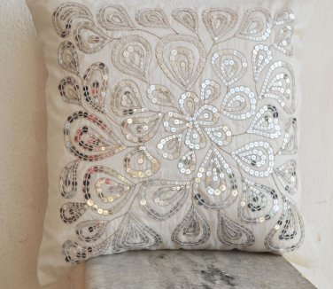 Ivory white throw pillow with sequin - Flower sequin - Silver Pillow