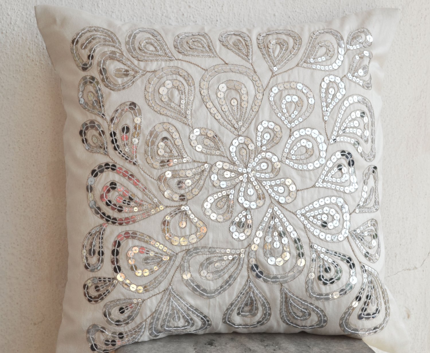Ivory white throw pillow with sequin Flower sequin Silver Pillow