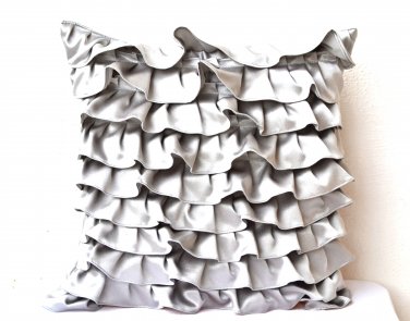Silver grey ruffled throw pillow - 16X16 Designer Pillow - Gray cushion cover