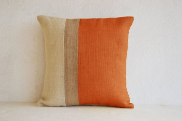 Orange Pillow - Burlap Pillow color block - Orange Decorative cushion cover
