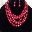 Layered Bright Red Pearl Necklace Set