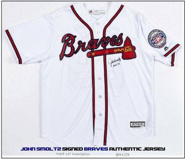 JOHN SMOLTZ HOF SIGNED AUTHENTIC BRAVES JERSEY JSA COA w/Inscription & HOF PATCH
