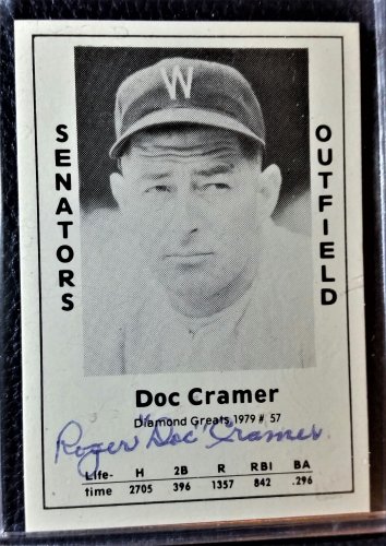 Doc Cramer Signed 1979 Wallin Diamond Greats #151 Authentic Autograph Senators