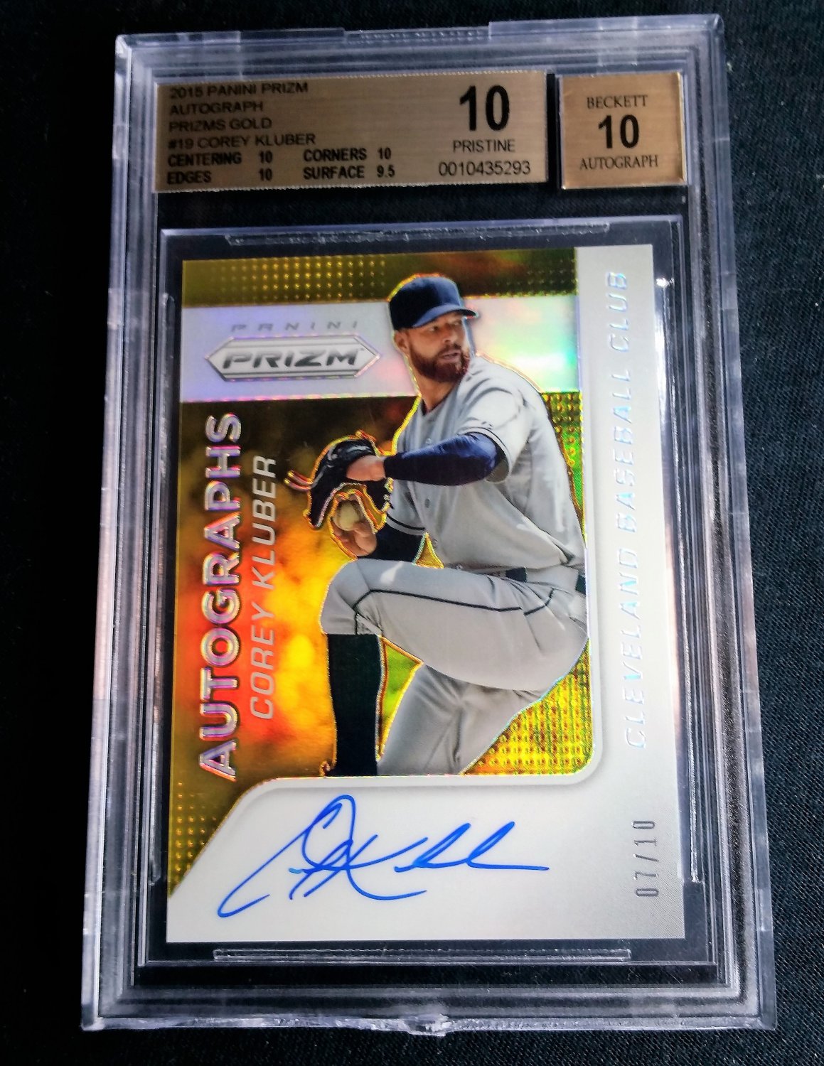 COREY KLUBER /10 AUTO BGS 10/10 POP 1! 2015 PRIZM AUTOGRAPH GOLD INDIANS