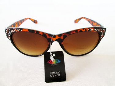 Women's Cat Eye Sunglasses With Tortoise Frames and Rhinestones and Brown Lens.