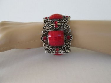 Adjustable High Fashion Burgundy, Red  Elastic Bangle Bracelet with Rhinestones