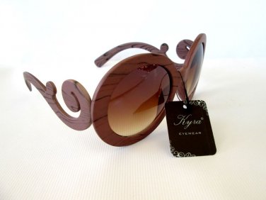 Wooden Look Brown or Oval Round Sunglasses With Brown Lens, Baroque Swirl Shades
