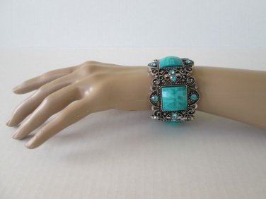 Adjustable High Fashion Turquoise Color Elastic Bangle Bracelet & Rhinestones