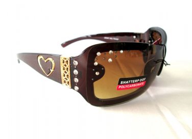 Brown Shield-Oval Women's Sunglasses With Rhinestones & Smoke Black Lens - NEW