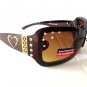 Brown Shield-Oval Women's Sunglasses With Rhinestones & Smoke Black Lens - NEW