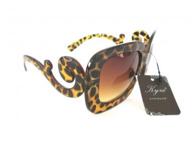 Big Lens Brown Sunglasses with Swirl Frames and Leopard Print For Women - NEW