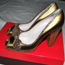 SERGIO ROSSI BRONZE GOLD METALLIC BOW PLATFORM OPEN TOE PUMP HEELS SHOES 38.5
