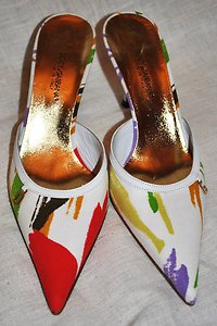 DOLCE&GABBANA D&G LOGO TROPICAL FLORAL CANVAS LEATHER HEELS SHOES SLIDES 36.5
