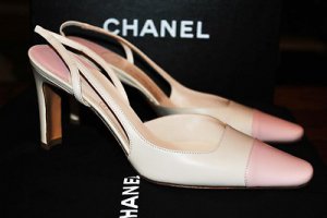 CHANEL BEIGE PINK TOE LEATHER CLASSIC SLINGBACK HEELS PUMPS SHOES 37 7