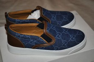 GUCCI NIB GUSSIMA WEB DENIM LEATHER TRIM FLAT SHOES MOCASSIN LOAFERS 27 10/US