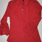 BCBG MAX AZRIA RED POPPY EYELET SLEEVES DETAIL BUTTON DOWN SHIRT TOP BLOUSE L