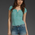 Free People Teal Combo Sailor Stripe Tiny Rib Tee Shirt  Top Pearl Buttons M $58