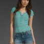 Free People Teal Combo Sailor Stripe Tiny Rib Tee Shirt Top Pearl Buttons M $58