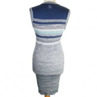 Chanel Resort 2012 Runway Silver Blue Knit Ribbed Striped Sleeveless Dress 40 2K