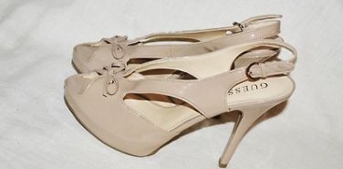 GUESS PATENT BEIGE BOW HIGH HIDDEN PLATFORM HEELS SHOES 9.5/US