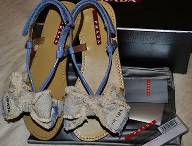 PRADA GIRLS LINO NAPLAK PATENT LEATHER VELCRO DENIM BOW SANDALS SHOES 31 1/US