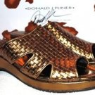 DONALD PLINER METALLIC WOVEN BRONZE GOLD SHOES SLIDES HEELS NARROW 38 8N