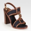 $275 TORY BURCH FLORIAN ALMOND/NAVY LINEN LEATHER HEELS SHOES SANDALS 9