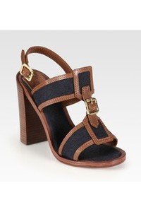 $275 TORY BURCH FLORIAN ALMOND/NAVY LINEN LEATHER HEELS SHOES SANDALS 9