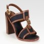$275 TORY BURCH FLORIAN ALMOND/NAVY LINEN LEATHER HEELS SHOES SANDALS 9