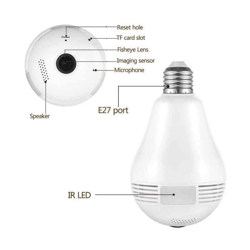 LED Light Bulb Security Camera 360Degree Fisheye, Motion Detection