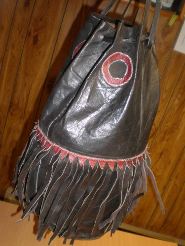Genuine African Tribal Leather Drawstring Bucket Shoulder Handbag