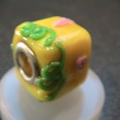 Murano Glass Bead SQUARE CUBE fits Pandora & Troll C501 Solid Yellow w/ Flower & Swirl