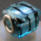 Murano Glass Bead SQUARE CUBE fits Pandora & Troll C503 Clear Metallic Blue w/ Black Stripes