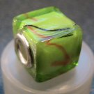 Murano Glass Bead SQUARE CUBE fits Pandora & Troll C505 Clear Green w/ Black & Orange Stripes