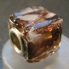 Murano Glass Bead SQUARE CUBE fits Pandora & Troll C508 Clear Amber w/ Gold Stripes & White