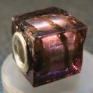 Murano Glass Bead SQUARE CUBE fits Pandora & Troll C512 Clear Purple Metallic w/ Gold Stripes