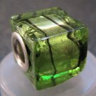 Murano Glass Bead SQUARE CUBE fits Pandora & Troll C515 Clear Green Metallic w/ Black Stripes
