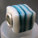 Murano Glass Bead SQUARE CUBE fits Pandora & Troll C518 Solid White w/ Blue & Black Stripes