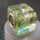 Murano Glass Bead SQUARE CUBE fits Pandora & Troll C519 Clear Green w/ Silver Stripes