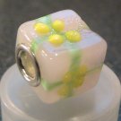 Murano Glass Bead SQUARE CUBE fits Pandora & Troll C520 Solid Pink w/ Green & Yellow