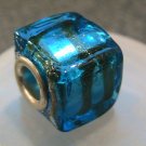 Murano Glass Bead SQUARE CUBE fits Pandora & Troll C523 Clear Metallic Blue w/ Gold Stripes