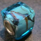 Murano Glass Bead SQUARE CUBE fits Pandora & Troll C530 Clear Light Blue w/ Black & Orange Stripes