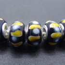 Murano Glass Bead 925 Silver fits Pandora & Troll S259 Black w/ Yellow & White Spots