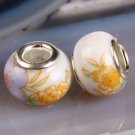 Painted Porcelain Bead 925 Silver fits Pandora & Troll S275 Purple & Yellow Flowers