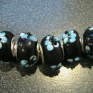 Murano Glass Bead 925 Silver fits Pandora & Troll S302 Black Solid w/ Blue Raised Flower