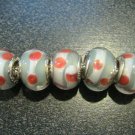 Murano Glass Bead 925 Silver fits Pandora & Troll S303 Clear w/ White Stripe & Orange Spots