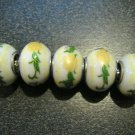 Painted Porcelain Bead 925 Silver fits Pandora & Troll S305 White w/ Yellow Flower & Green Vine