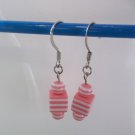 Pink and white small striped cube bead silvertone beaded dangle earrings
