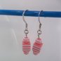 Pink and white small striped cube bead silvertone beaded dangle earrings