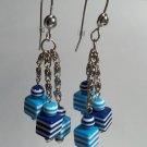 Blue and white striped cube dangle earrings